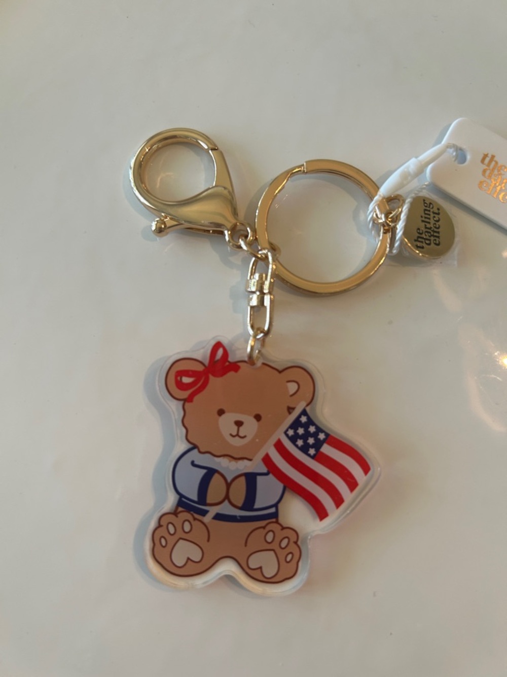 Gold Keyring with American Flag Bear Charm